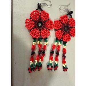 Red poppy beaded hand-made  earrings